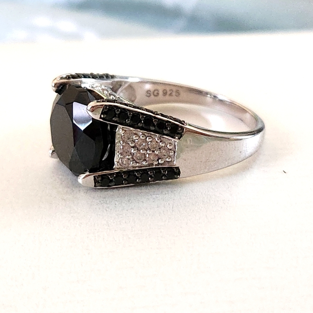 Black Spinel and Zircon, Rhodium over Sterling Silver ring